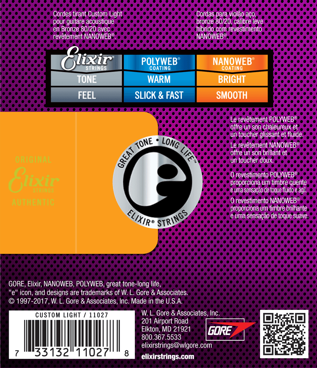 Elixir 11027 Acoustic 80/20 Custom Light 11-47 snaren