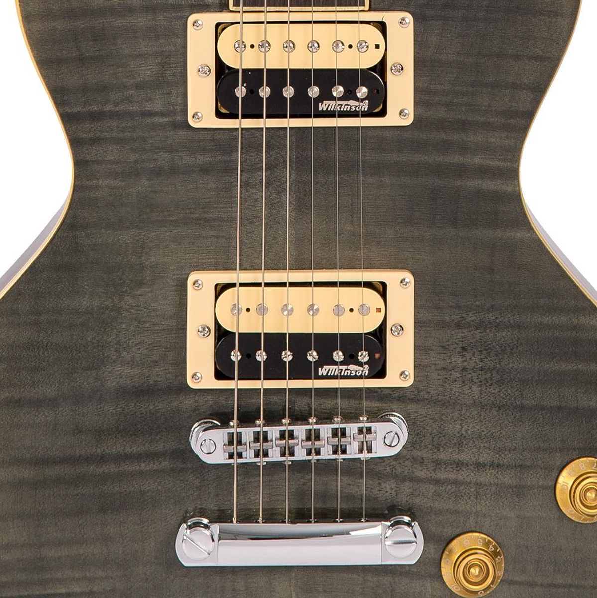 Vintage V100 Guitar - Flamed Maple - Thru Black