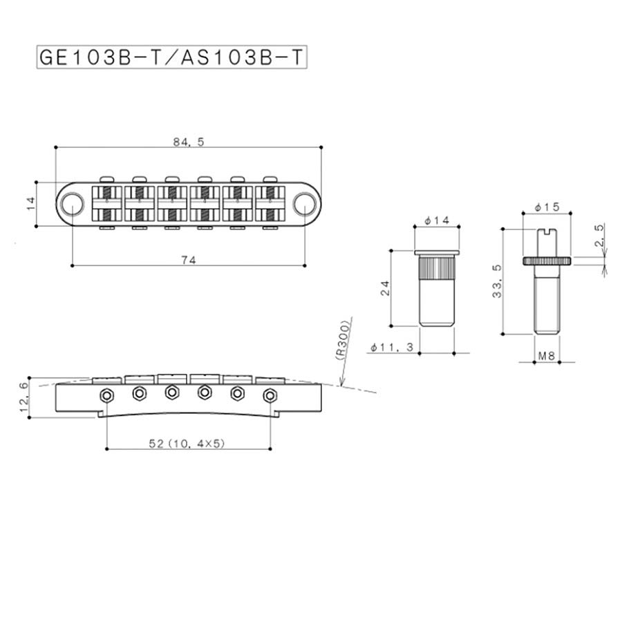 Gotoh GE103BT-B bridge "tune-o-matic" thumbwheel spacing 74