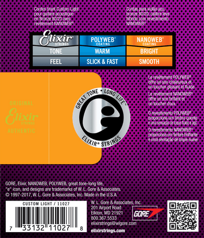 Elixir 11027 Acoustic 80/20 Custom Light 11-47 snaren