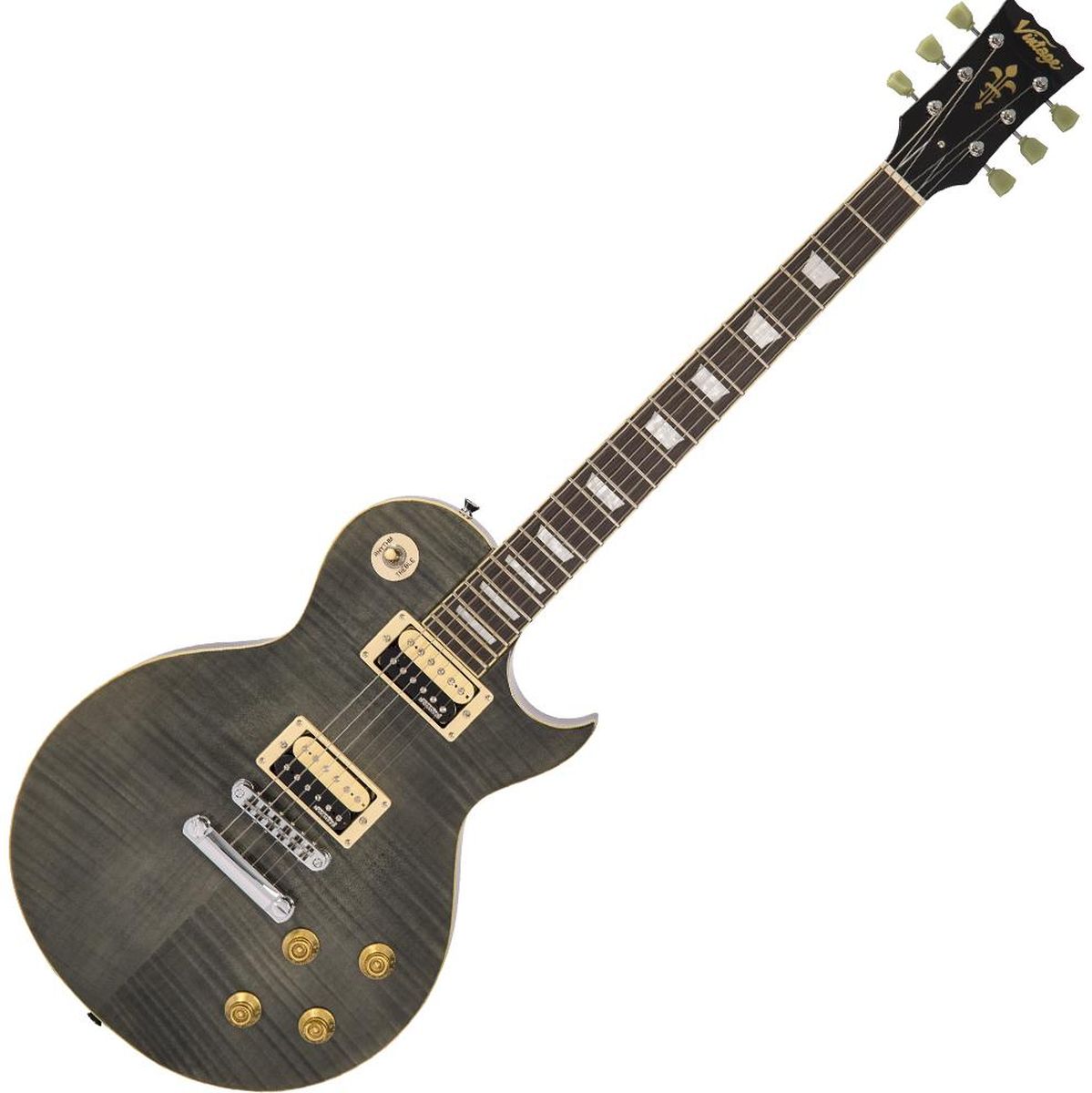 Vintage V100 Guitar - Flamed Maple - Thru Black